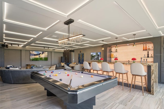 playroom featuring billiards and coffered ceiling