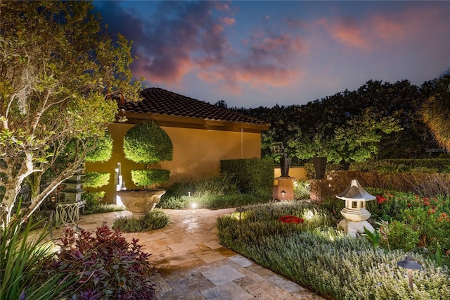 yard at dusk featuring a patio