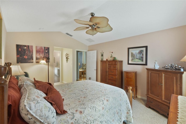 carpeted bedroom with ceiling fan and lofted ceiling