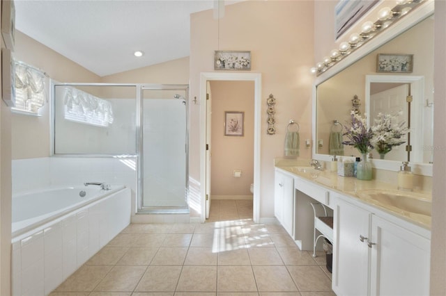 full bathroom featuring plus walk in shower, tile patterned flooring, lofted ceiling, toilet, and vanity