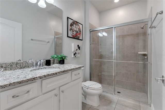 bathroom featuring tile patterned floors, vanity, toilet, and an enclosed shower