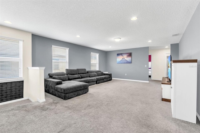 carpeted living room with a textured ceiling