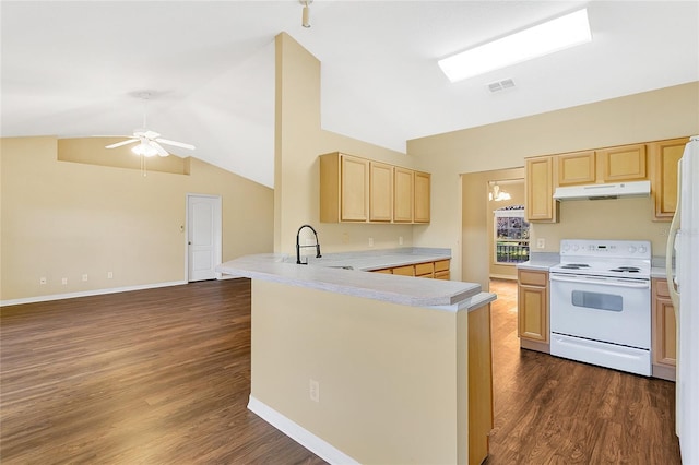 kitchen with dark hardwood / wood-style floors, white appliances, kitchen peninsula, and light brown cabinetry