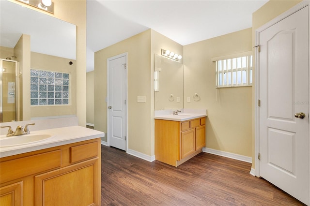 bathroom featuring wood-type flooring, vanity, and a shower with door