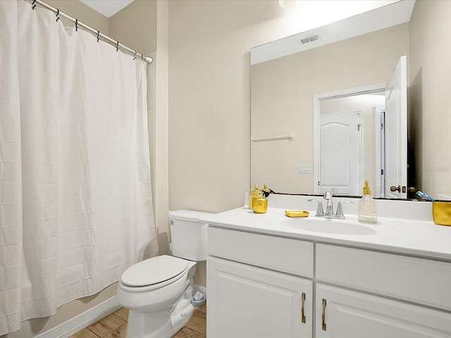 full bathroom with vanity, toilet, shower / bathtub combination with curtain, and wood-type flooring