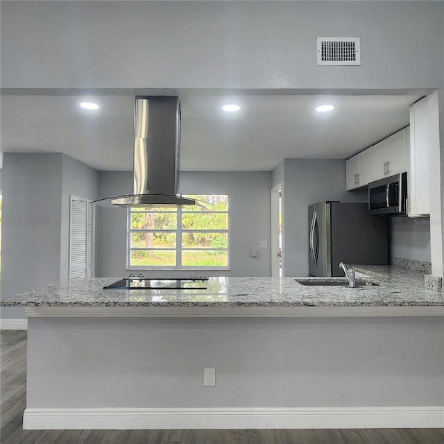 kitchen with visible vents, light stone countertops, range hood, stainless steel appliances, and a sink