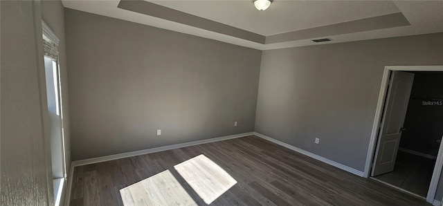 spare room with a raised ceiling and dark hardwood / wood-style floors