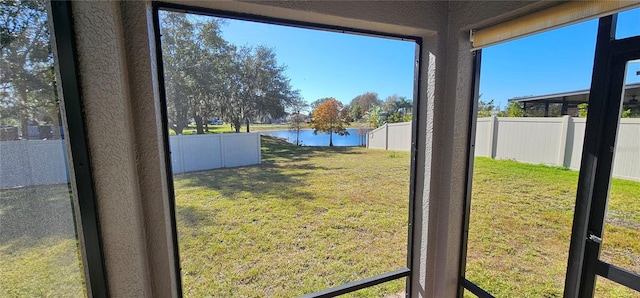 interior space featuring a water view