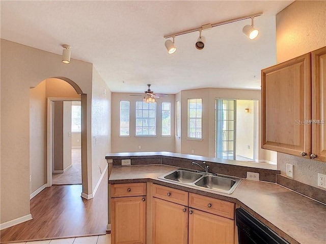 kitchen featuring ceiling fan, black dishwasher, kitchen peninsula, and sink