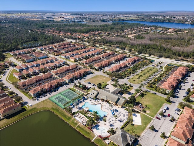 drone / aerial view featuring a water view