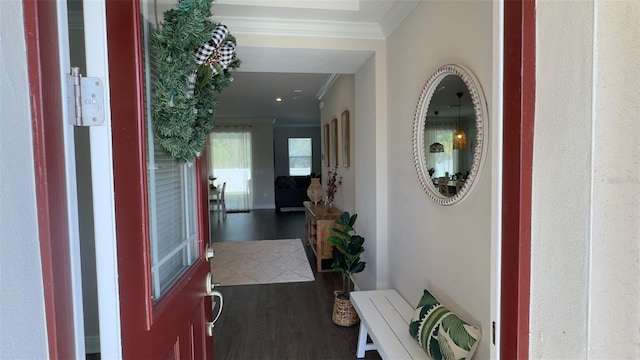 interior space with hardwood / wood-style flooring and ornamental molding