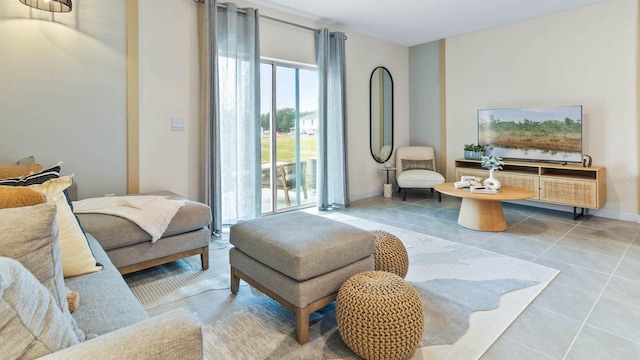 living area featuring tile patterned floors