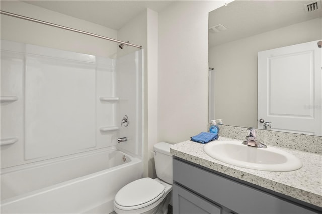 full bathroom with toilet, visible vents, shower / washtub combination, and vanity