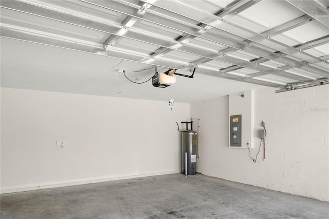 garage featuring a garage door opener, electric panel, and electric water heater