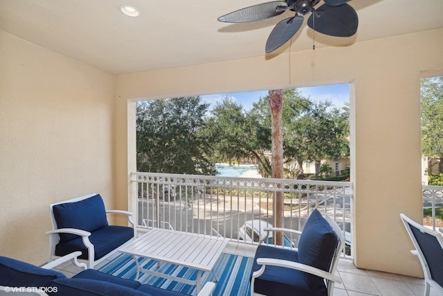 view of patio / terrace featuring outdoor lounge area, a balcony, and ceiling fan