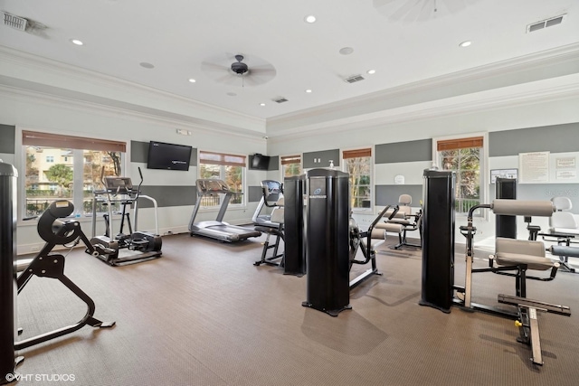 gym with ceiling fan and ornamental molding