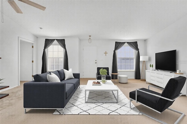 carpeted living room with a wealth of natural light and a textured ceiling