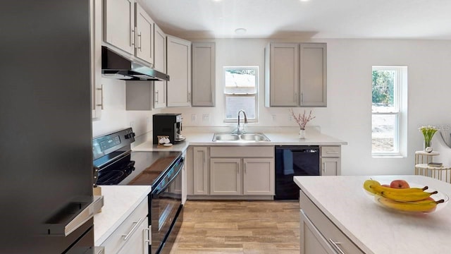 kitchen with sink, light hardwood / wood-style flooring, gray cabinetry, and black appliances