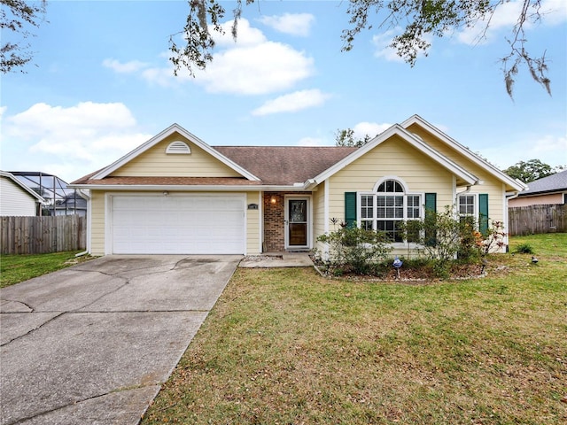 single story home with a front yard and a garage