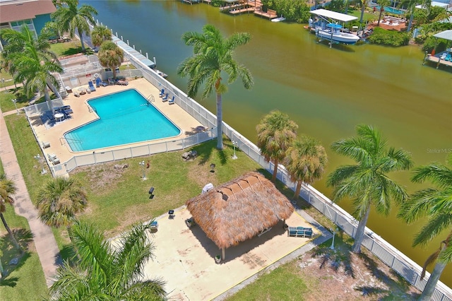 drone / aerial view with a water view