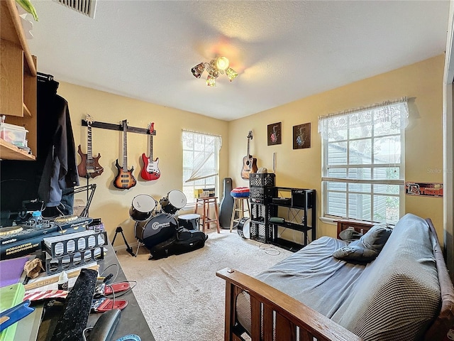 carpeted bedroom with a textured ceiling