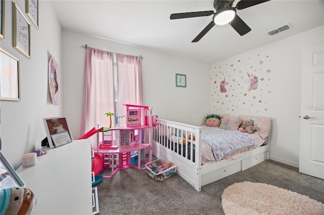 carpeted bedroom featuring ceiling fan