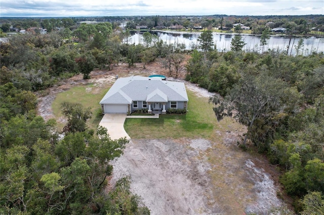 drone / aerial view featuring a water view