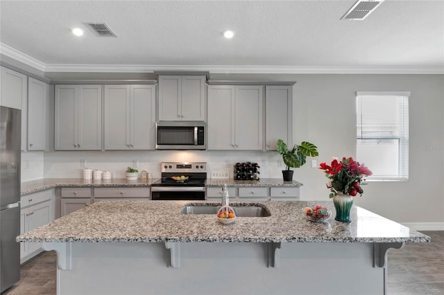 kitchen featuring gray cabinetry, a kitchen breakfast bar, sink, and appliances with stainless steel finishes