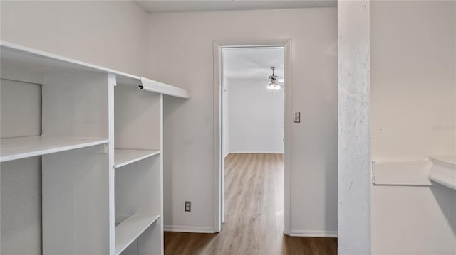 interior space with wood finished floors and a ceiling fan