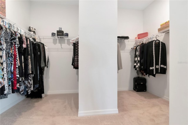 walk in closet featuring light carpet