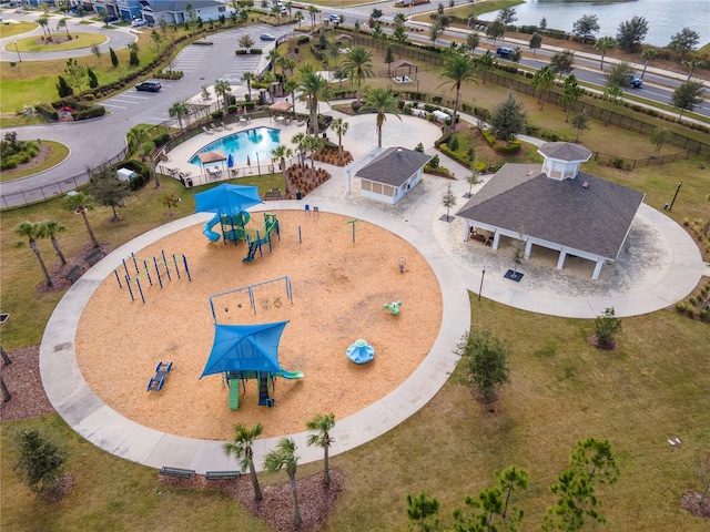 drone / aerial view with a water view