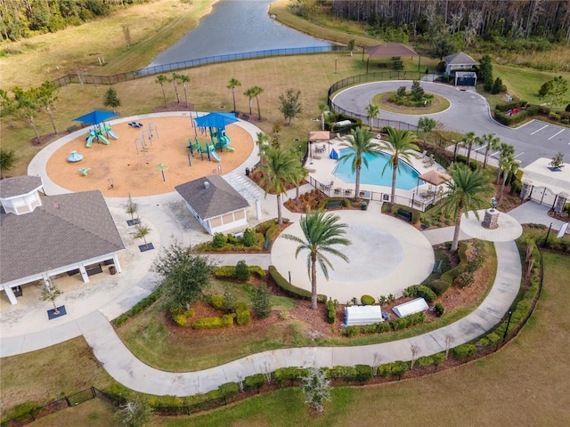 birds eye view of property featuring a water view