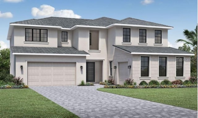 view of front of house featuring a front lawn and a garage