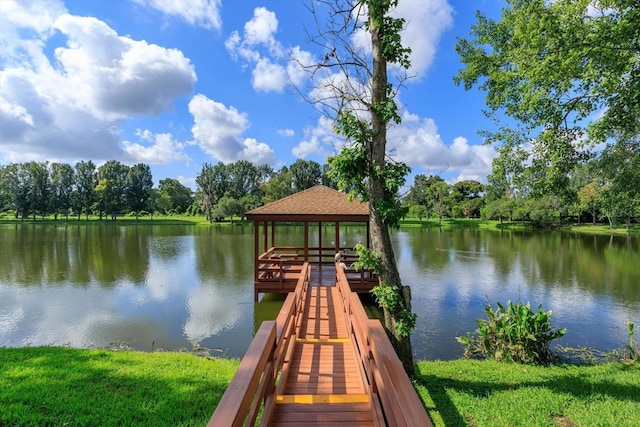 view of dock featuring a water view and a gazebo