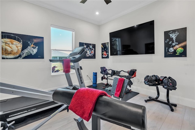 workout area with ceiling fan, light wood-type flooring, and crown molding