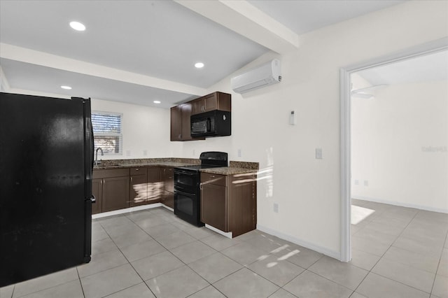 kitchen featuring light tile patterned flooring, a wall mounted air conditioner, vaulted ceiling with beams, dark brown cabinetry, and black appliances