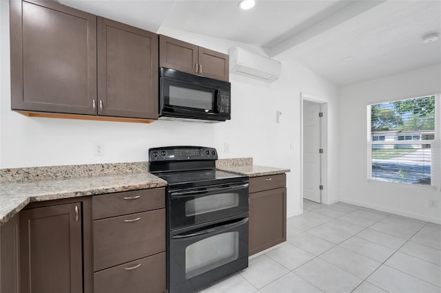 2341 Hadley St, Deltona, FL 32738 - kitchen with black appliances, a wall unit AC, dark brown cabinetry, light tile patterned floors, and baseboards