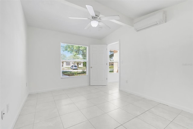2341 Hadley St, Deltona, FL 32738 - empty room with a wall mounted air conditioner, lofted ceiling, a ceiling fan, light tile patterned flooring, and baseboards