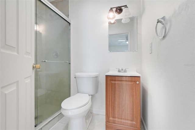 2341 Hadley St, Deltona, FL 32738 - bathroom featuring a ceiling fan, toilet, vanity, a stall shower, and tile patterned flooring
