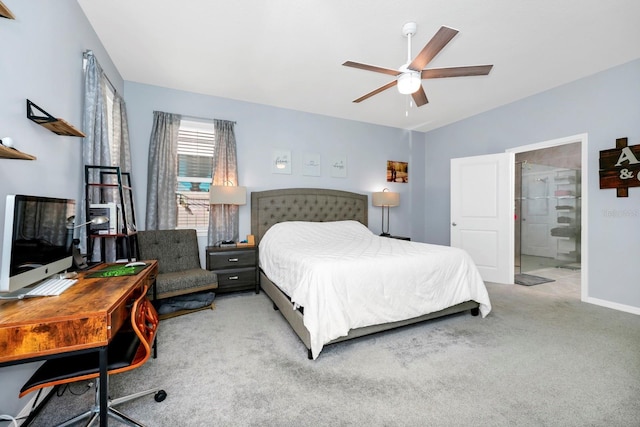 bedroom with light carpet, ensuite bath, and ceiling fan