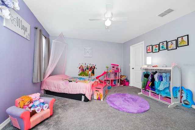 bedroom with ceiling fan and carpet floors