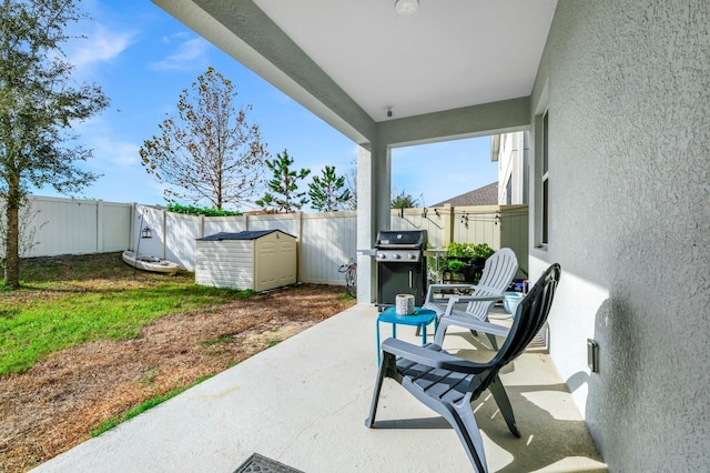 view of patio / terrace with a storage shed and grilling area