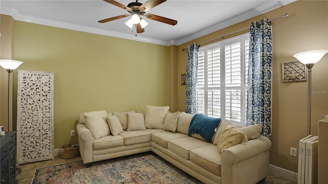 tiled living room with ceiling fan, ornamental molding, and radiator