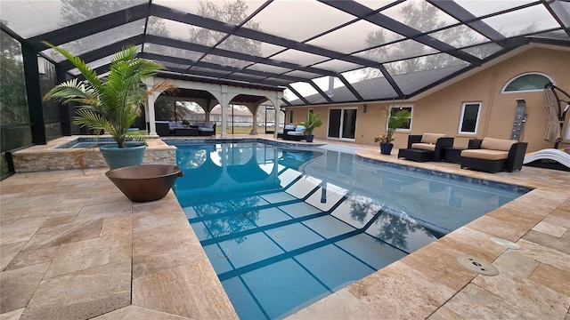 view of swimming pool featuring outdoor lounge area, a patio, and a lanai