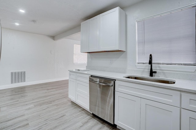 kitchen featuring white cabinetry, dishwasher, light wood-type flooring, and sink