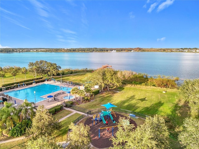 drone / aerial view with a water view