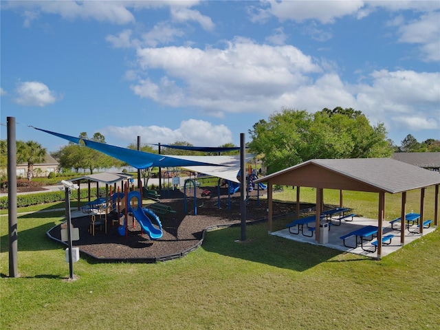 view of play area featuring a lawn