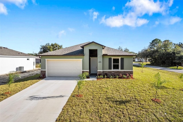 ranch-style home with stone siding, a front lawn, central AC, and stucco siding