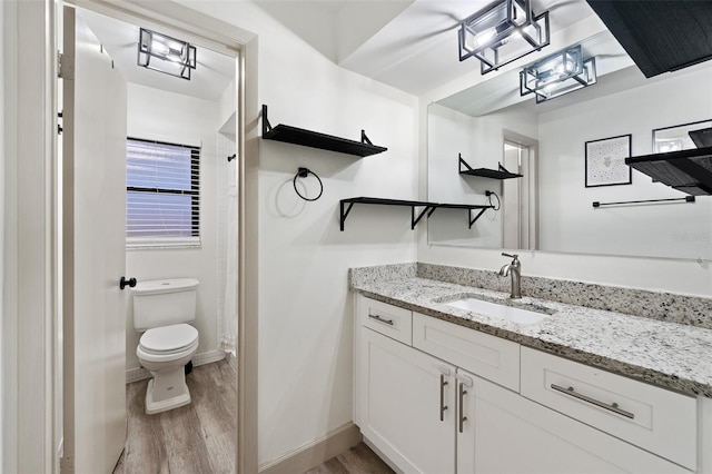 bathroom featuring hardwood / wood-style floors, toilet, and vanity