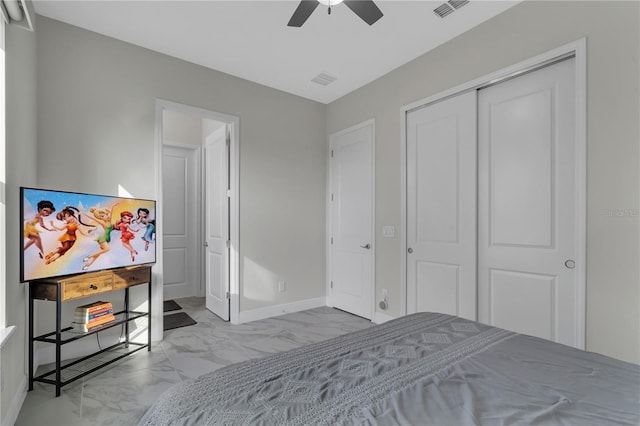 bedroom featuring ceiling fan and a closet